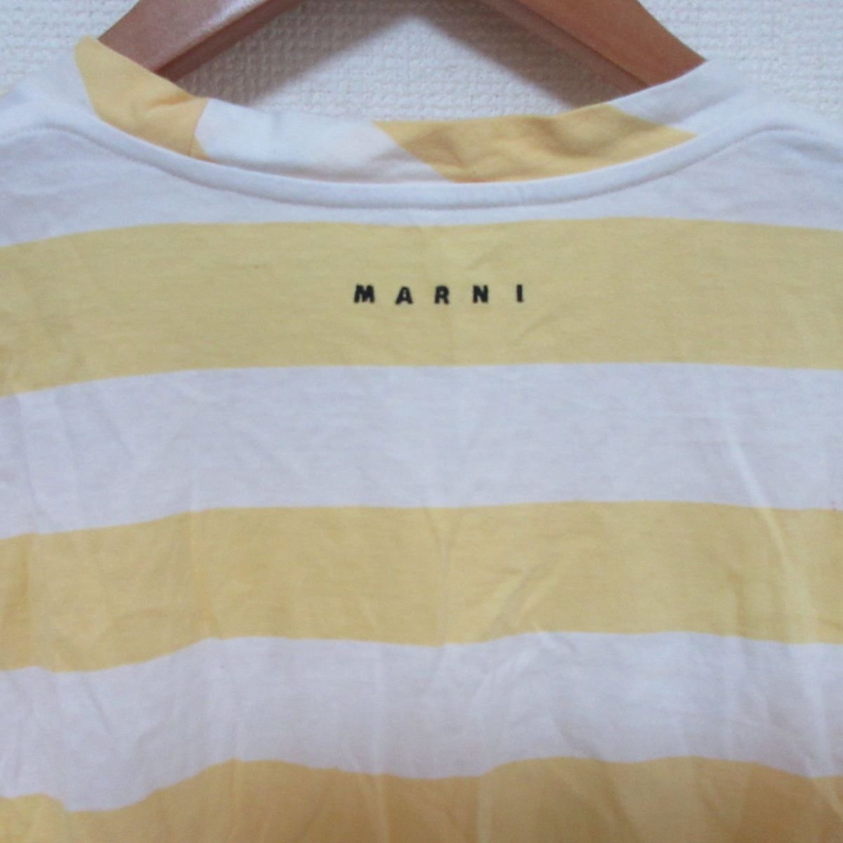 良品 21SS MARNI マルニ ボーダー柄 バックロゴ刺繍 クルーネック 半袖 Tシャツ カットソー サイズ38 イエロー×ホワイト ◆_画像5