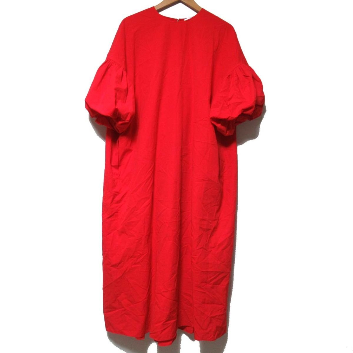 美品 22SS ENFOLD エンフォルド Washed CO バルーンスリーブ DRESS ロング丈 ドレス ワンピース オーバーサイズ 36 レッド_画像1