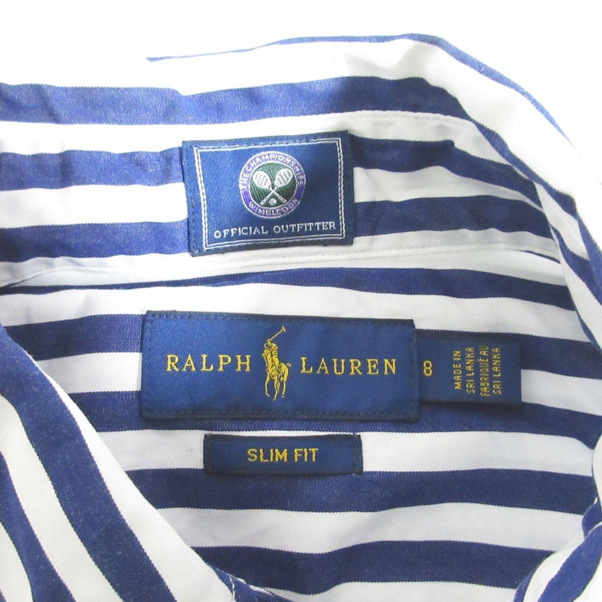 美品 RALPH LAUREN ラルフローレン ストライプ ウインブルドン SLIM FIT ボタンダウン シャツ 8 ホワイト ネイビー ◆_画像4