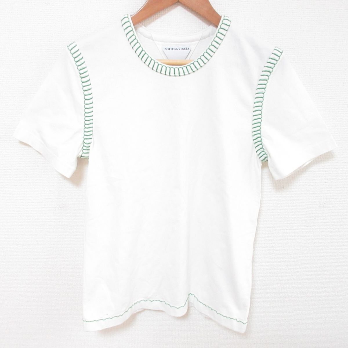 美品 BOTTEGA VENETA ボッテガヴェネタ 2021年製 オーバーロックデザイン クルーネック 半袖 Tシャツ カットソー XS ホワイト×グリーンの画像1