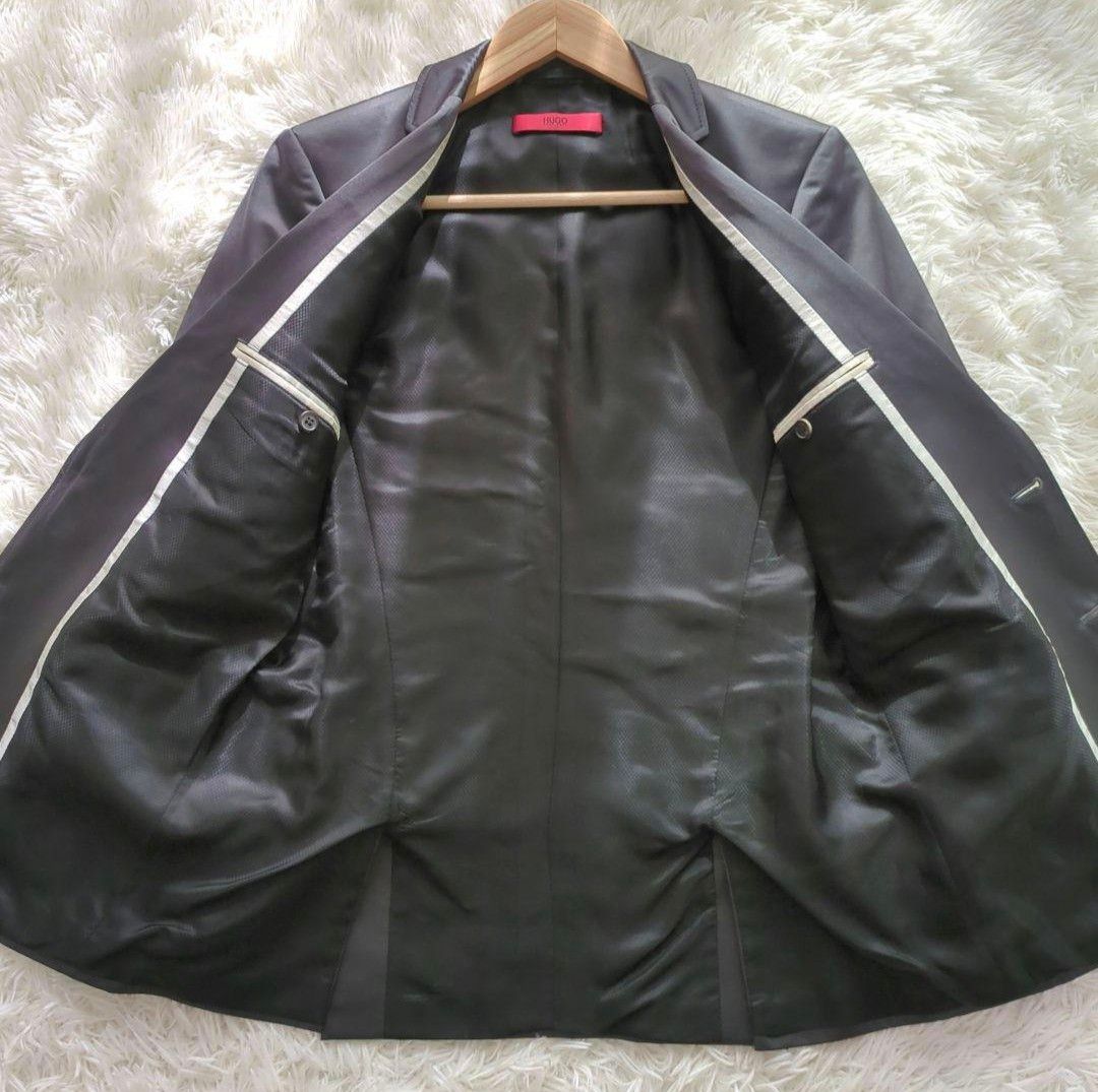 【美品】HUGO BOSS ヒューゴボス スーツ セットアップ レザー調 光沢感 2B サイドベンツ ブラック 42 Sサイズ相当