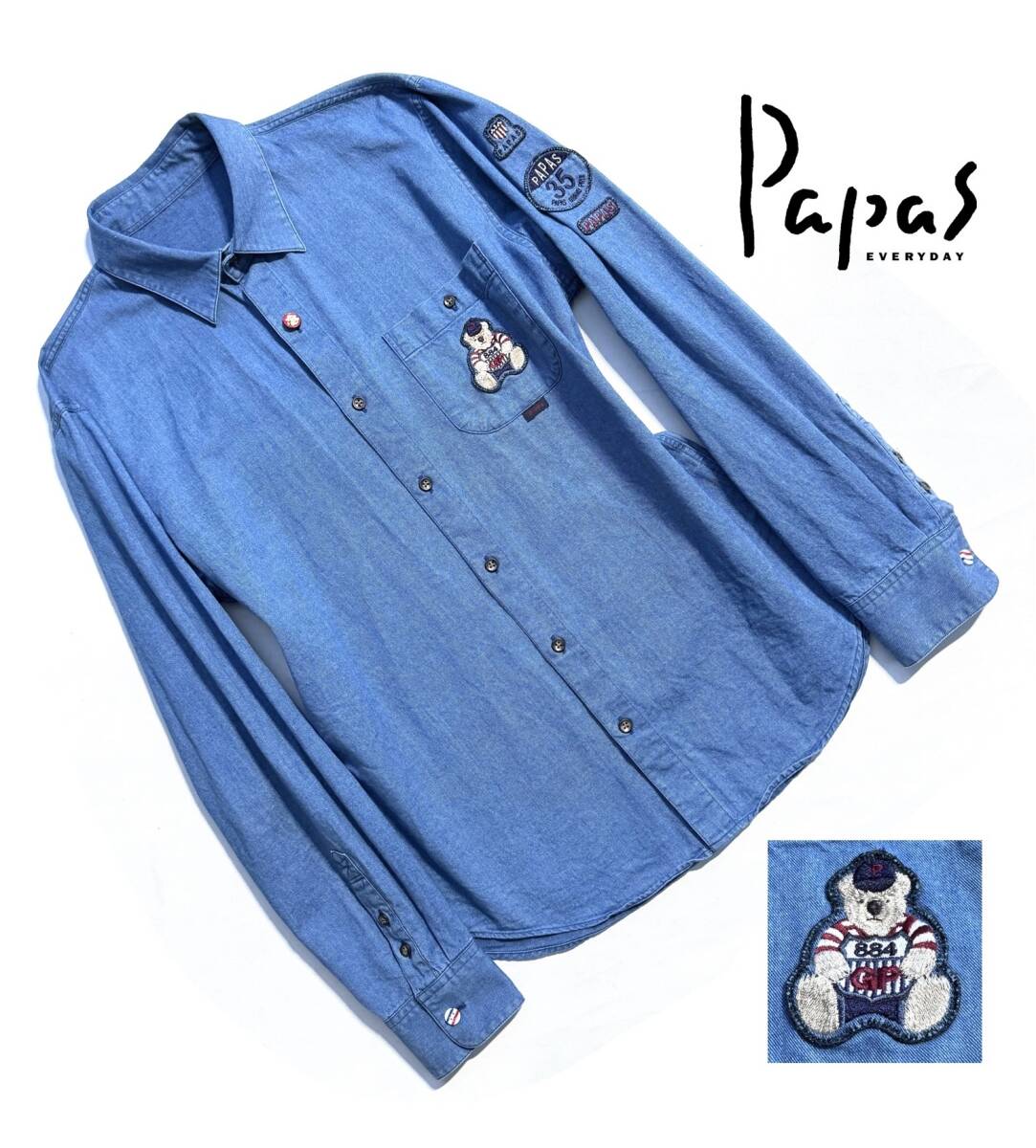 最高級【定価3.5万超】Papas パパス デニム 長袖シャツ 48(M) メンズ【刺繍ワッペン】シロクマ 送料520円 インディゴ 日本製の画像1