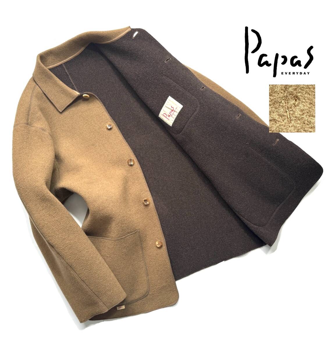 最高級【定価7万】Papas パパス ウールジャケット ダブルフェイス L メンズ【Pロゴ刺繍】メンズ 着心地抜群 日本製 ハーフコートの画像1