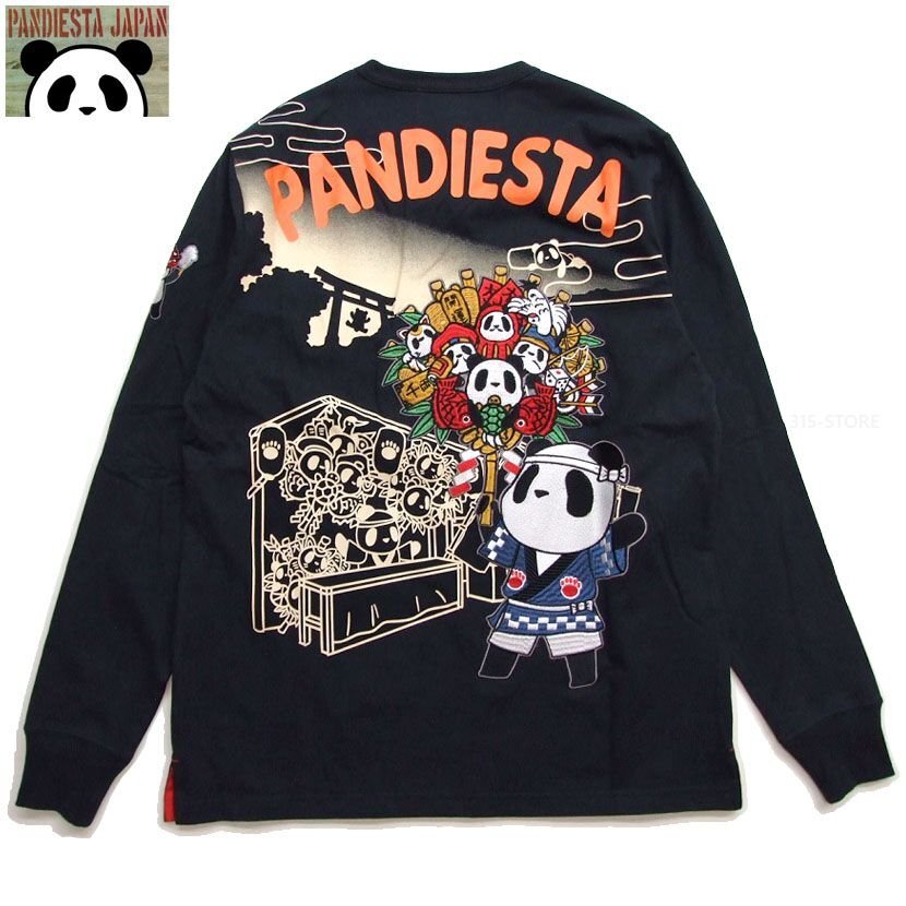 新品 パンディエスタ 商売繁盛ロンT 黒XL 猫熊手 PANDIESTA パンダロングT カットソー 刺繍パンダ 533202
