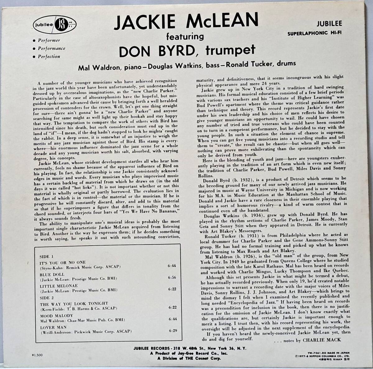 THE JACKIE MCLEAN QUINTET : ジャッキー・マクリーン 帯なし 国内盤 中古 アナログ LPレコード盤 1977年 MONO / YW-7561-RO M2-KDO-1416_画像2