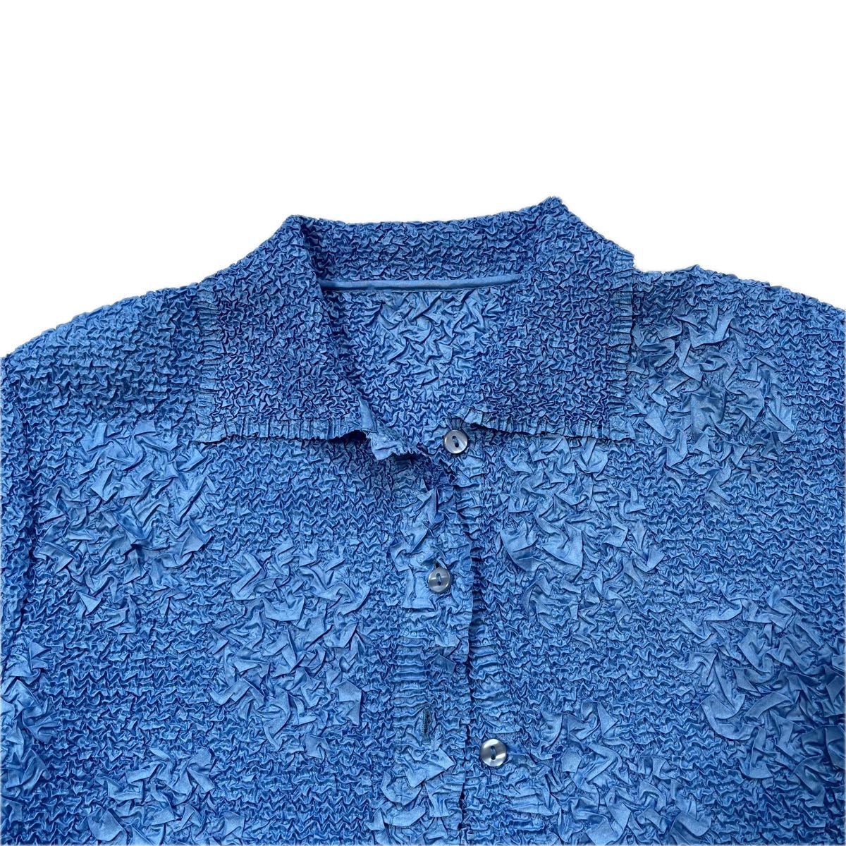 ST.CHRIS しぼり ブラウス ブルー 水色 M〜L 長袖シャツの画像5