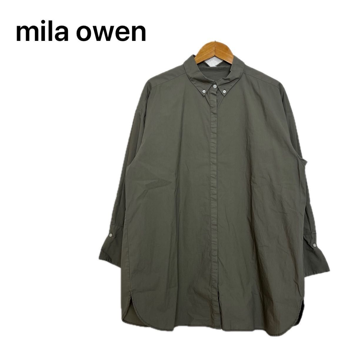 mila owen ミラオーウェン　ボリュームスリーブロングシャツ　フリーサイズ　カーキ　 長袖シャツ コットン_画像1