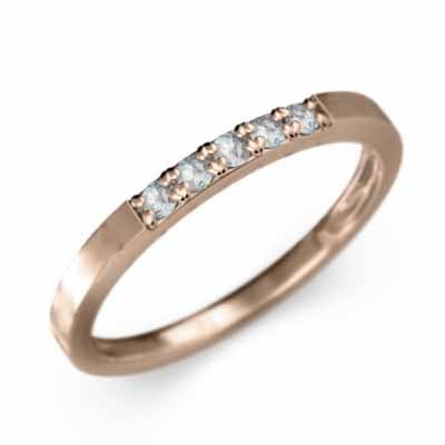 10kピンクゴールド 平たい リング ハーフ エタニティ 指輪 5石 細い 指輪 3月の誕生石 アクアマリン 幅約1.7mmリング 細め