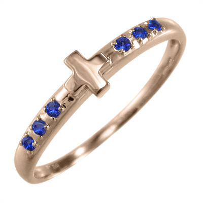 サファイア(青) 指輪 クロス デザイン 9月の誕生石 18金ピンクゴールド