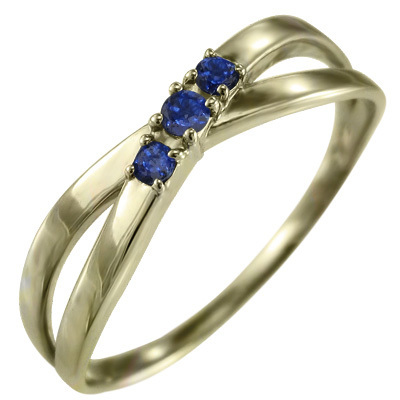 指輪 3ストーン クロス デザイン ブルーサファイア 9月の誕生石 k10イエローゴールド X型_画像1