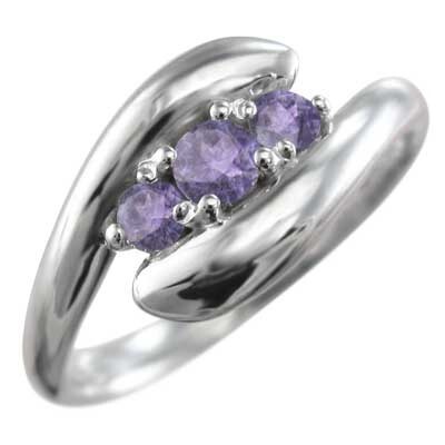 アメジスト(紫水晶) 指輪 蛇 スネーク 3ストーン 2月の誕生石 18金ホワイトゴールド
