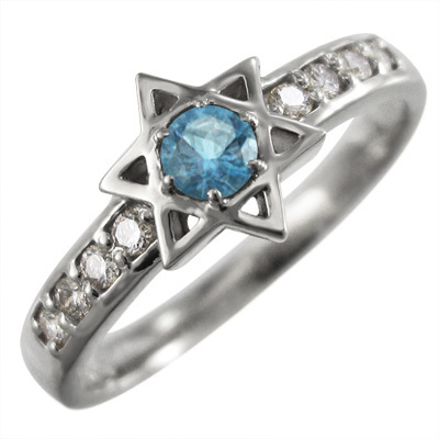18kホワイトゴールド 指輪 ヘキサグラム 11月誕生石 ブルートパーズ(青) ダイアモンド