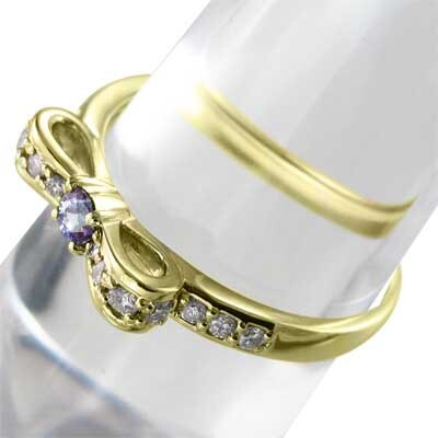 指輪 リボン デザイン タンザナイト ダイヤモンド 12月の誕生石 k18イエローゴールド_画像3