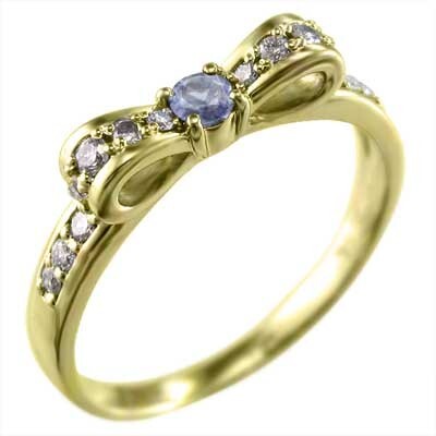 指輪 リボン デザイン タンザナイト ダイヤモンド 12月の誕生石 k18イエローゴールド