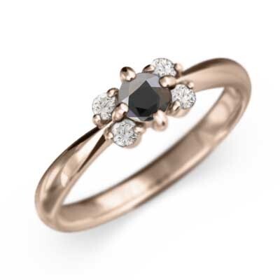 指輪 k10ピンクゴールド 花 モチーフ 5ストーン ブラックダイヤモンド 4月の誕生石