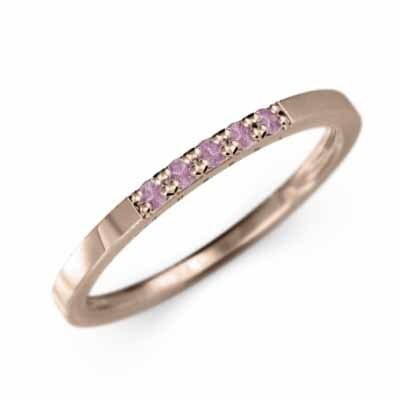 平打ち リング ハーフ エタニティー リング 5ストーン 細い 指輪 ピンクサファイヤ 18kピンクゴールド 幅約1.5mmリング 微細