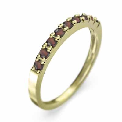 ガーネット 平たい リング ハーフ エタニティ 指輪 細い 指輪 18金イエローゴールド 1月誕生石 幅約2mmリング 少し細め