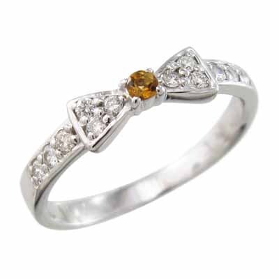 シトリン 天然ダイヤモンド 指輪 リボン デザイン 一粒 k10ホワイトゴールド 11月誕生石