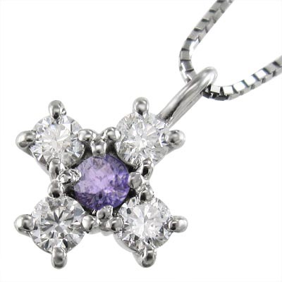 アメジスト(紫水晶) 天然ダイヤモンド ジュエリー ネックレス クロス デザイン 2月の誕生石 18金ホワイトゴールド