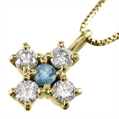 ネックレス クロス ブルートパーズ(青) 天然ダイヤモンド 11月誕生石 18金イエローゴールド