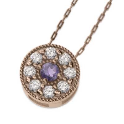 18金ピンクゴールド ネックレス アメシスト(紫水晶) 天然ダイヤモンド ミル打ち