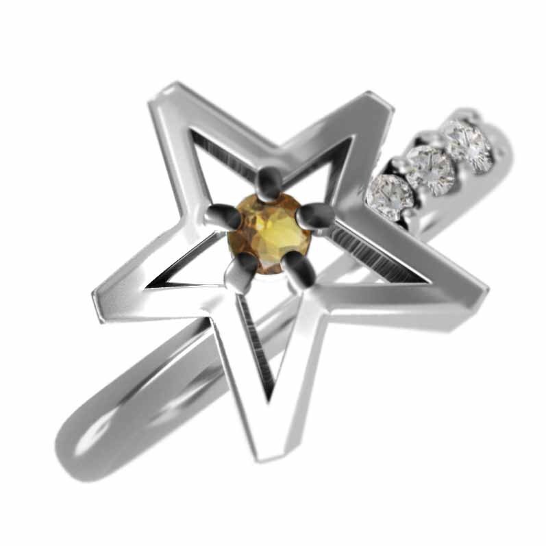 リング スター ジュエリー (黄水晶)シトリン 天然ダイヤモンド 18金ホワイトゴールド