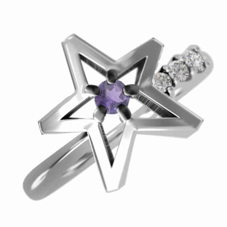10金ホワイトゴールド 指輪 アメシスト(紫水晶) 天然ダイヤモンド 2月誕生石 星