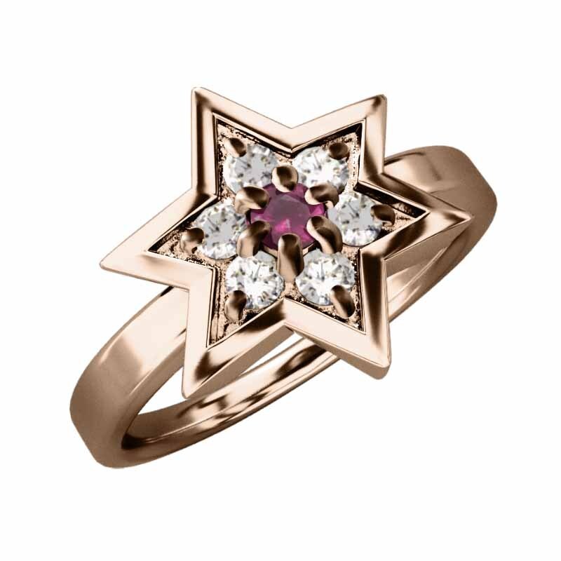 10kピンクゴールド 指輪 ヘキサグラム 7月の誕生石 ルビー 天然ダイヤモンド 六芒星大サイズ