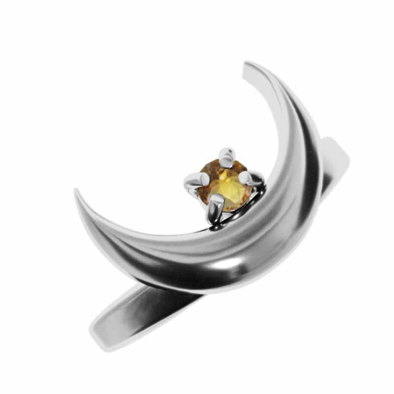 指輪 (黄水晶)シトリン ムーン 一粒 18kホワイトゴールド 11月の誕生石