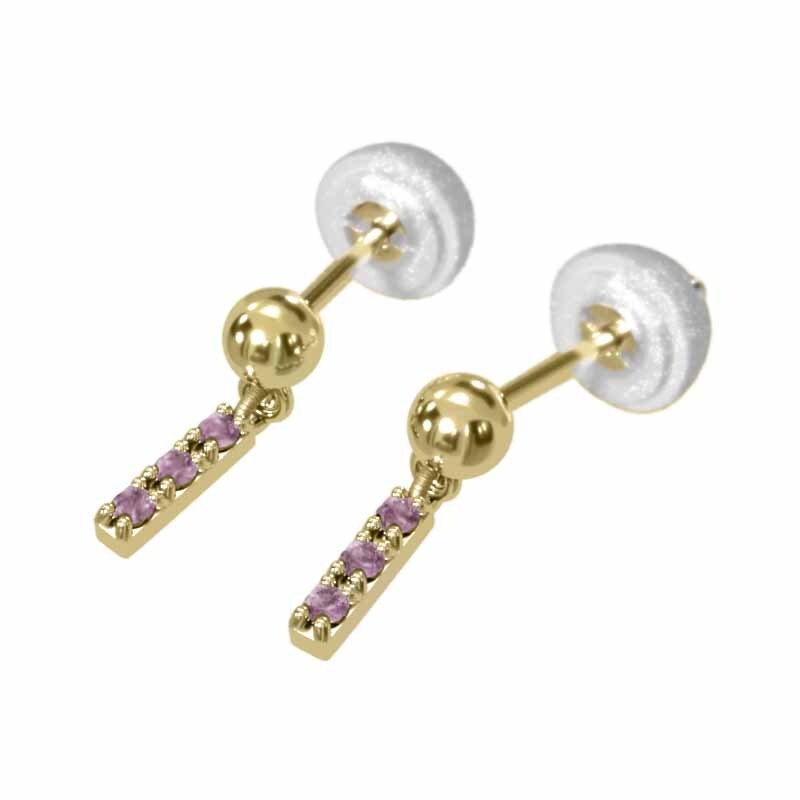 【即納】 8840円 9 スリーストーン プレート ペアピアス ピンクサファイア ゴールド