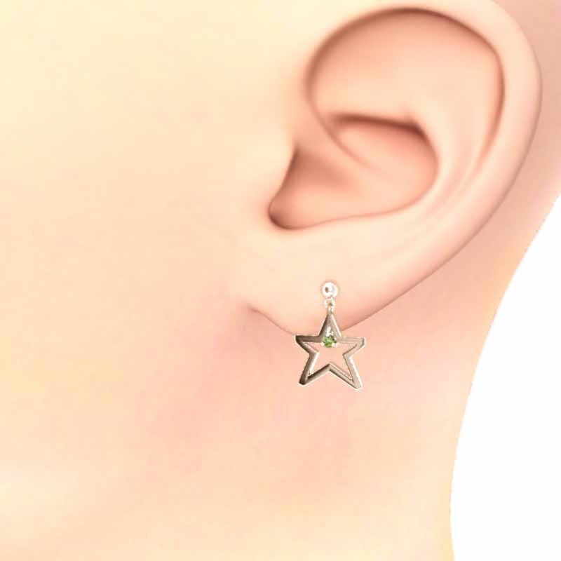 ピンクゴールドk18 両耳 ピアス 星型 一粒 8月の誕生石 ペリドット キャッチ付き 中サイズ ブラブラタイプ_画像2
