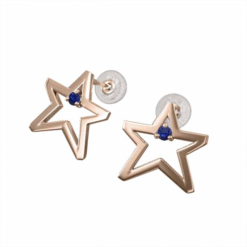 サファイア(青) ペアピアス スター ジュエリー 1粒石 18kピンクゴールド 9月誕生石 キャッチ付き 中サイズ