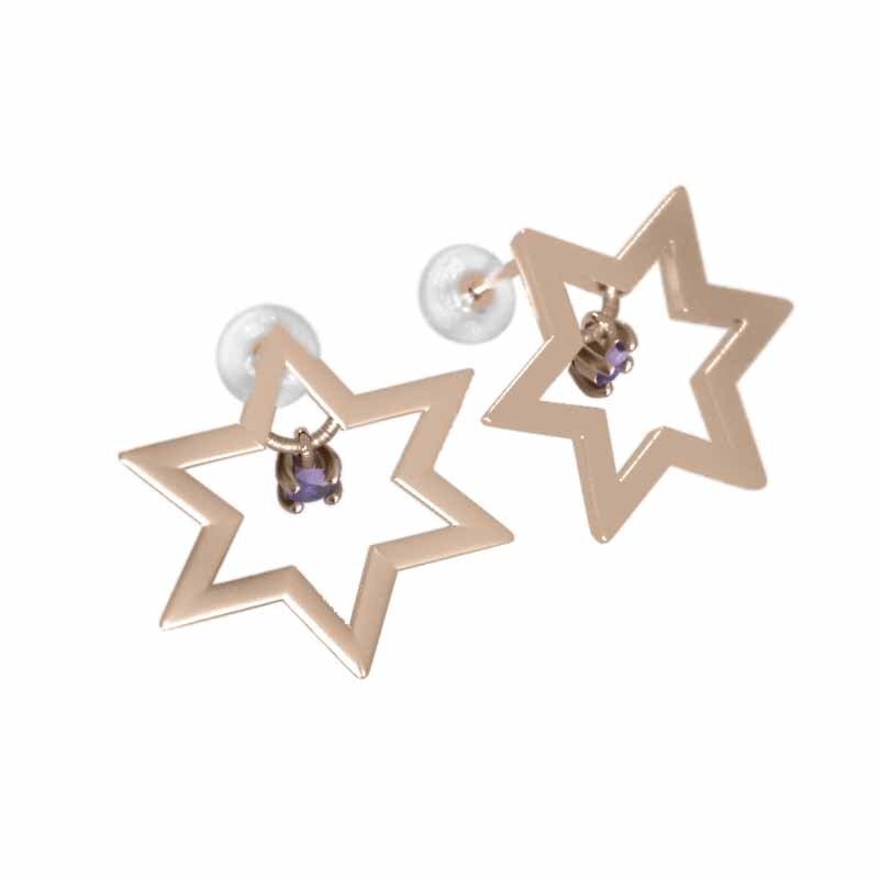 ペア ピアス 18kピンクゴールド ヘキサグラム 一粒 アメシスト(紫水晶) 2月の誕生石 キャッチ付き 大サイズ