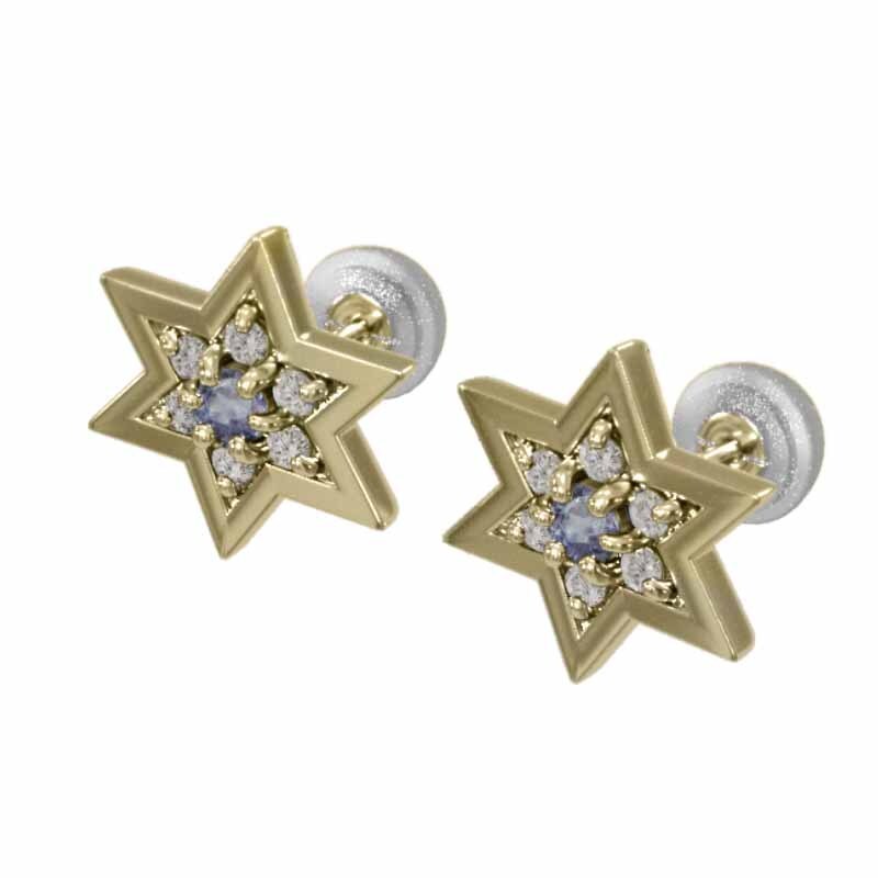 ペアピアス タンザナイト 天然ダイヤモンド 六芒星 18kイエローゴールド キャッチ付き 小サイズ