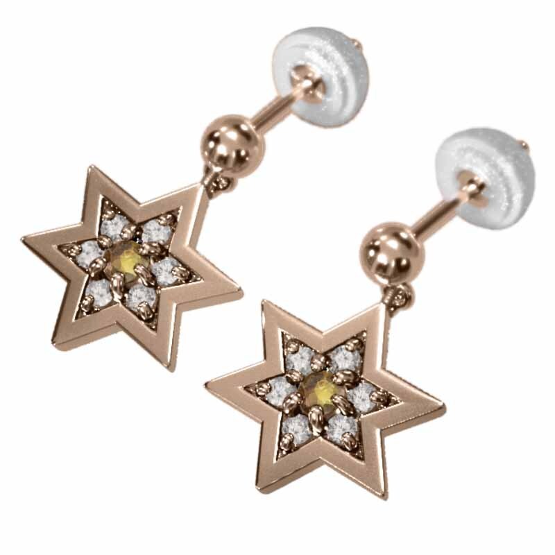 18k pink gold pair earrings da bidet. star ( yellow crystal ) citrine natural diamond catch attaching bla type small size 