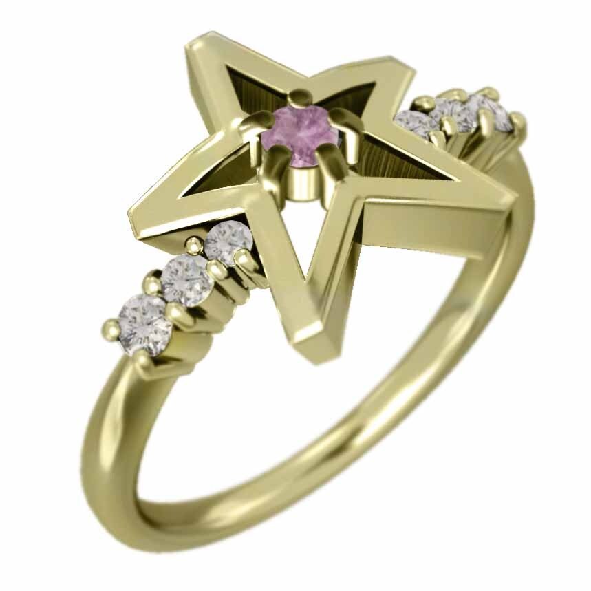 指輪 星 ジュエリー ピンクサファイヤ 天然ダイヤモンド 9月の誕生石 イエローゴールドk18_画像1