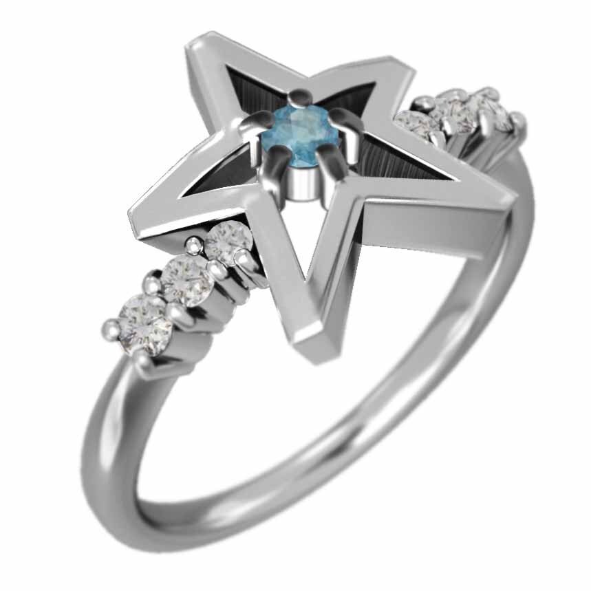 指輪 星の形 ブルートパーズ(青) 天然ダイヤモンド 11月の誕生石 10金ホワイトゴールド_画像4