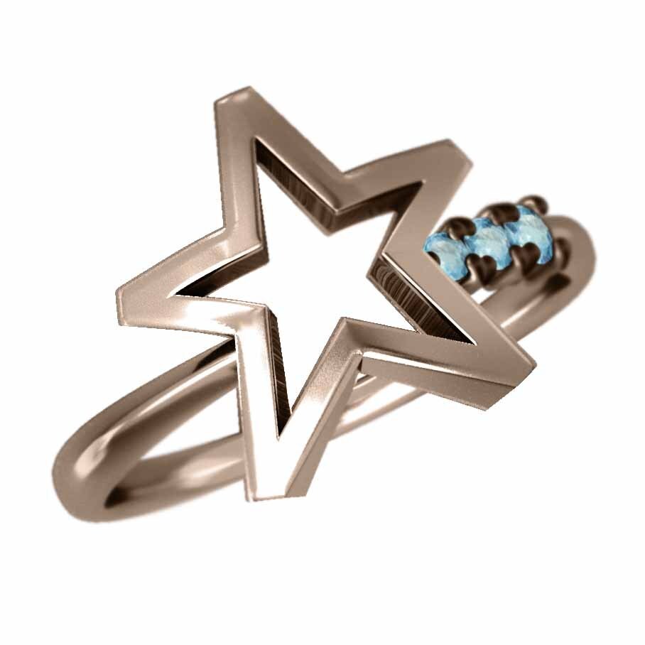 指輪 3ストーン 星の形 ブルートパーズ(青) 11月誕生石 18kピンクゴールド