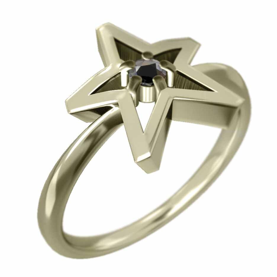 k10イエローゴールド 星の形 指輪 一粒 ブラックダイヤ