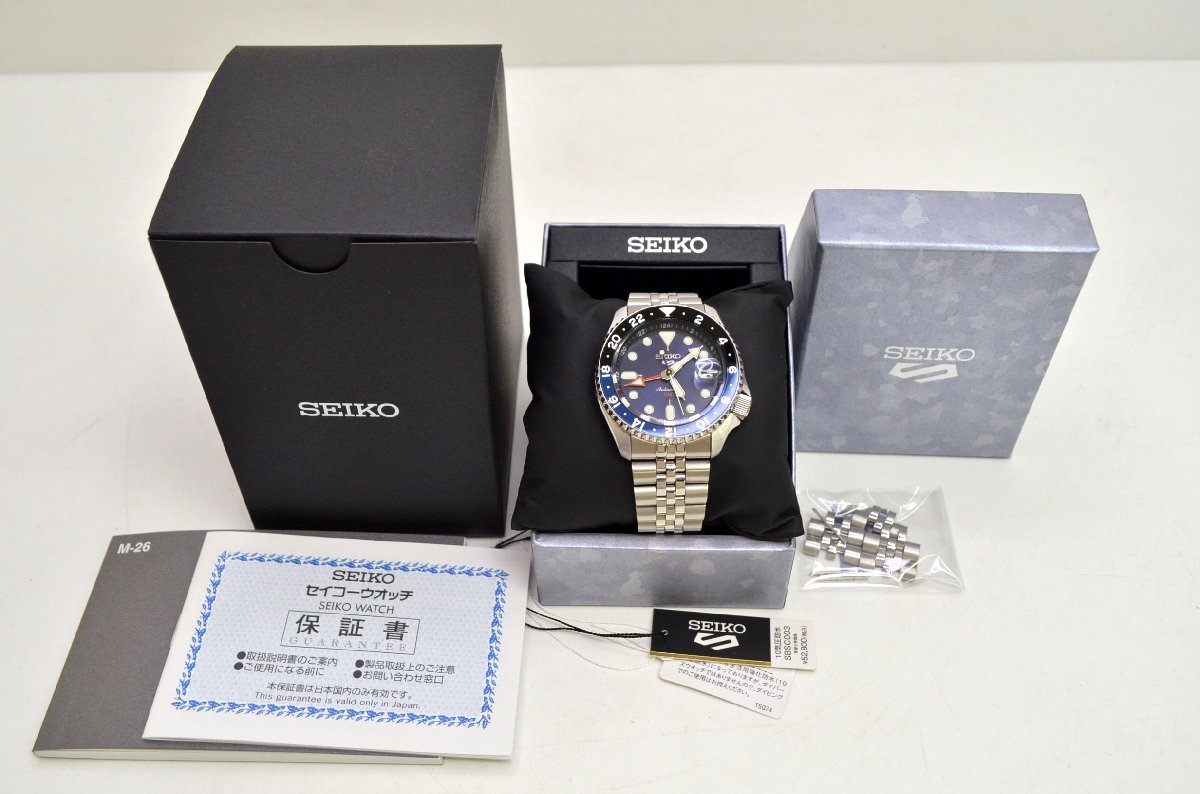 [fui] 超美品 SEIKO セイコー GMT SBSC003 4R34-00A0 ブルー x ブラック 自動巻き シースルー 回転ベゼル メンズ腕時計_画像2
