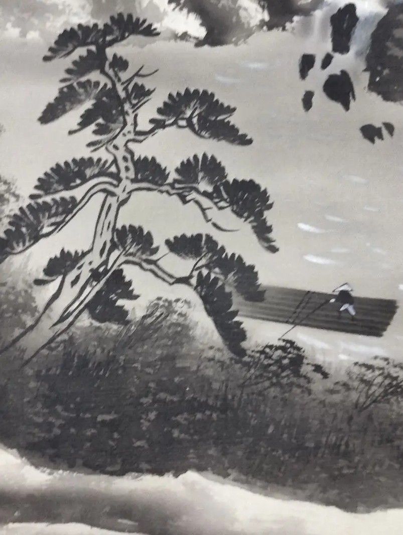 未使用　掛軸　松月　墨彩山水　日本画　風景画　水墨山水　山水画　年中掛　桐箱入　