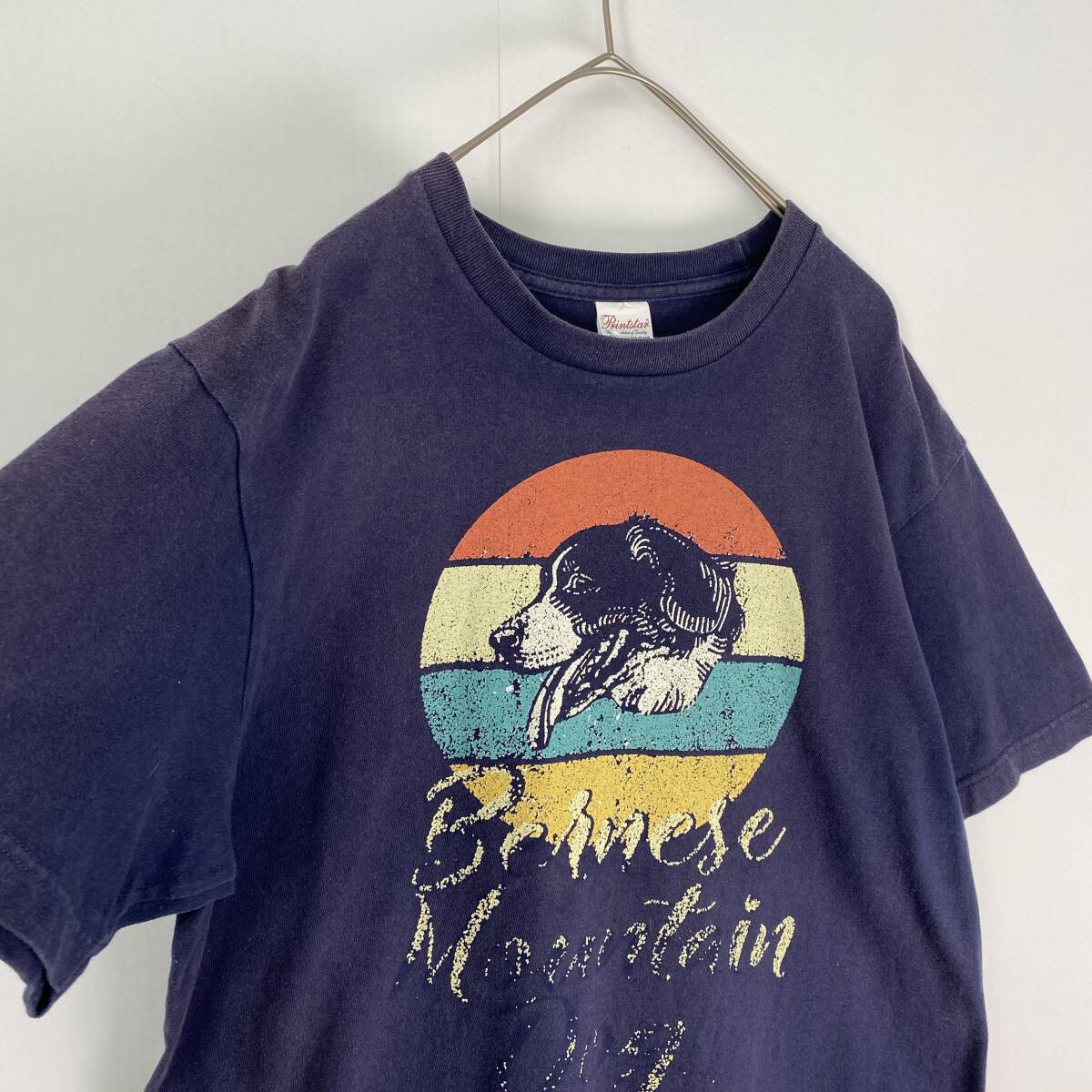 【半袖Tシャツ　アニマル　犬　プリントデザイン　紺　オレンジ　緑　黄　古着】_画像5