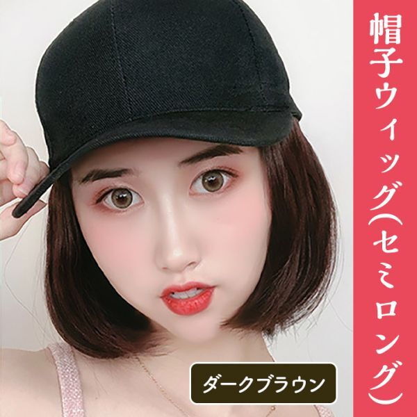 セミロング ストレート 帽子 ウィッグ ダークブラウン_画像1