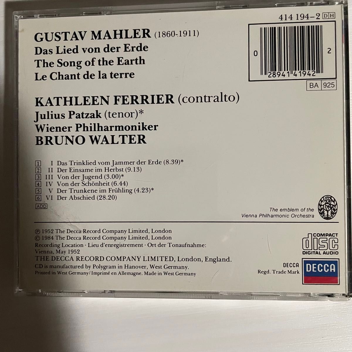 ワルター／ウィーンPO マーラー 交響曲『大地の歌』