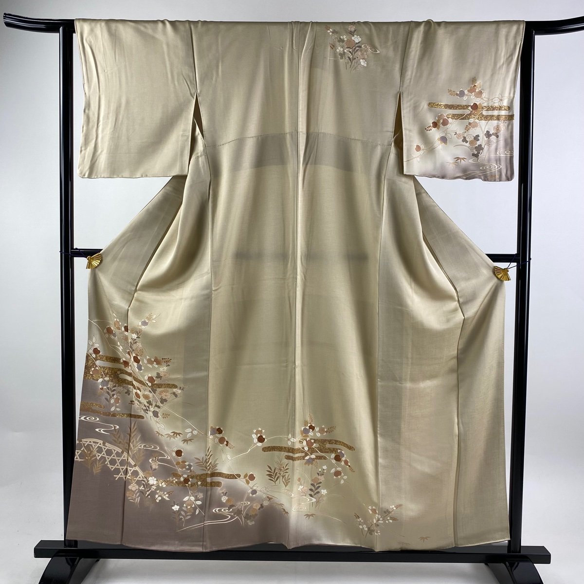 訪問着 身丈157.5cm 裄丈64cm M 袷 橘花 ヱ霞 金糸 金彩 ベージュ 正絹 美品 秀品 【中古】