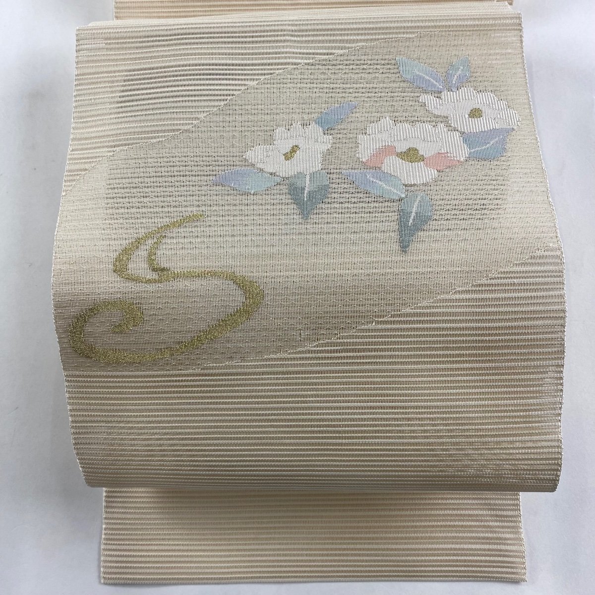 名古屋帯 美品 秀品 夏帯 絽 八寸名古屋帯 松葉仕立て 花 流水 金銀糸 ベージュ 正絹 【中古】