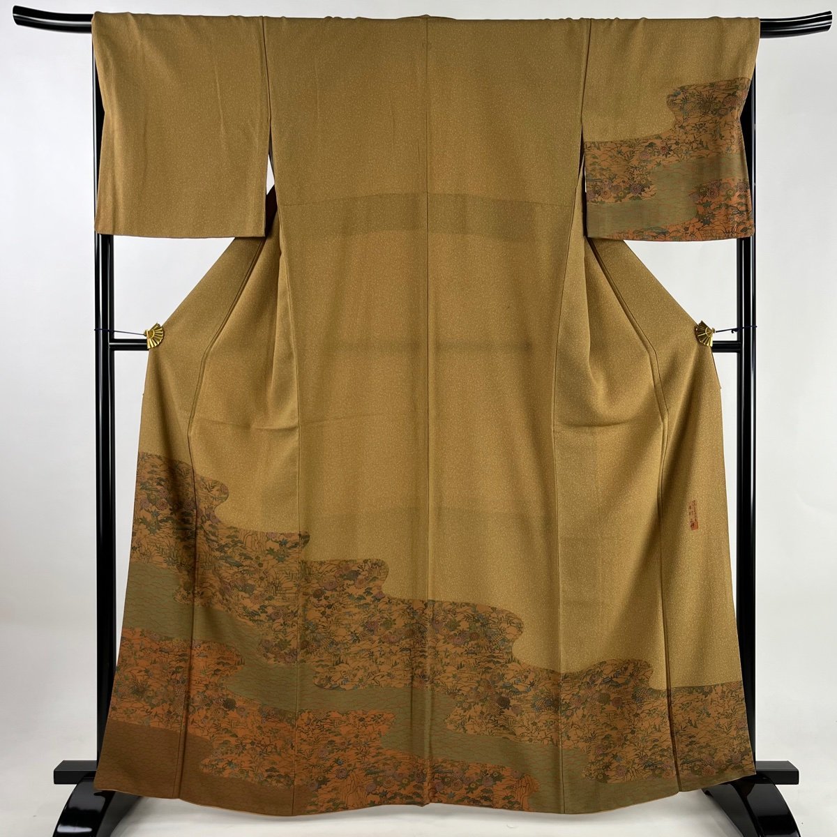 訪問着 身丈163.5cm 裄丈67.5cm L 袷 木村正明 落款 草花 芝 茶色 正絹 美品 秀品 【中古】