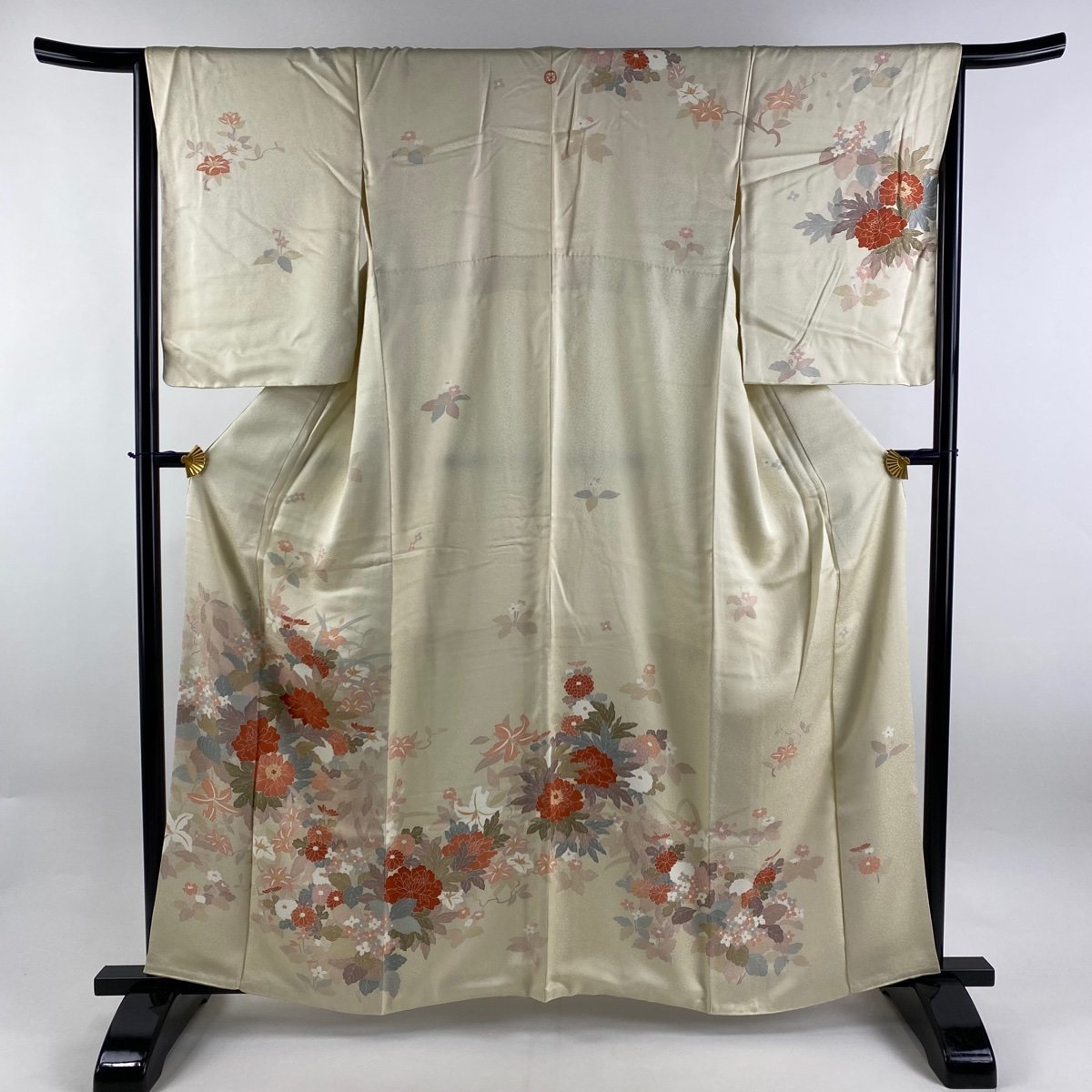 訪問着 身丈161cm 裄丈66.5cm M 袷 草花 牡丹 刺繍 ベージュ 正絹 秀品 一つ紋 【中古】_バイセル 14088_1