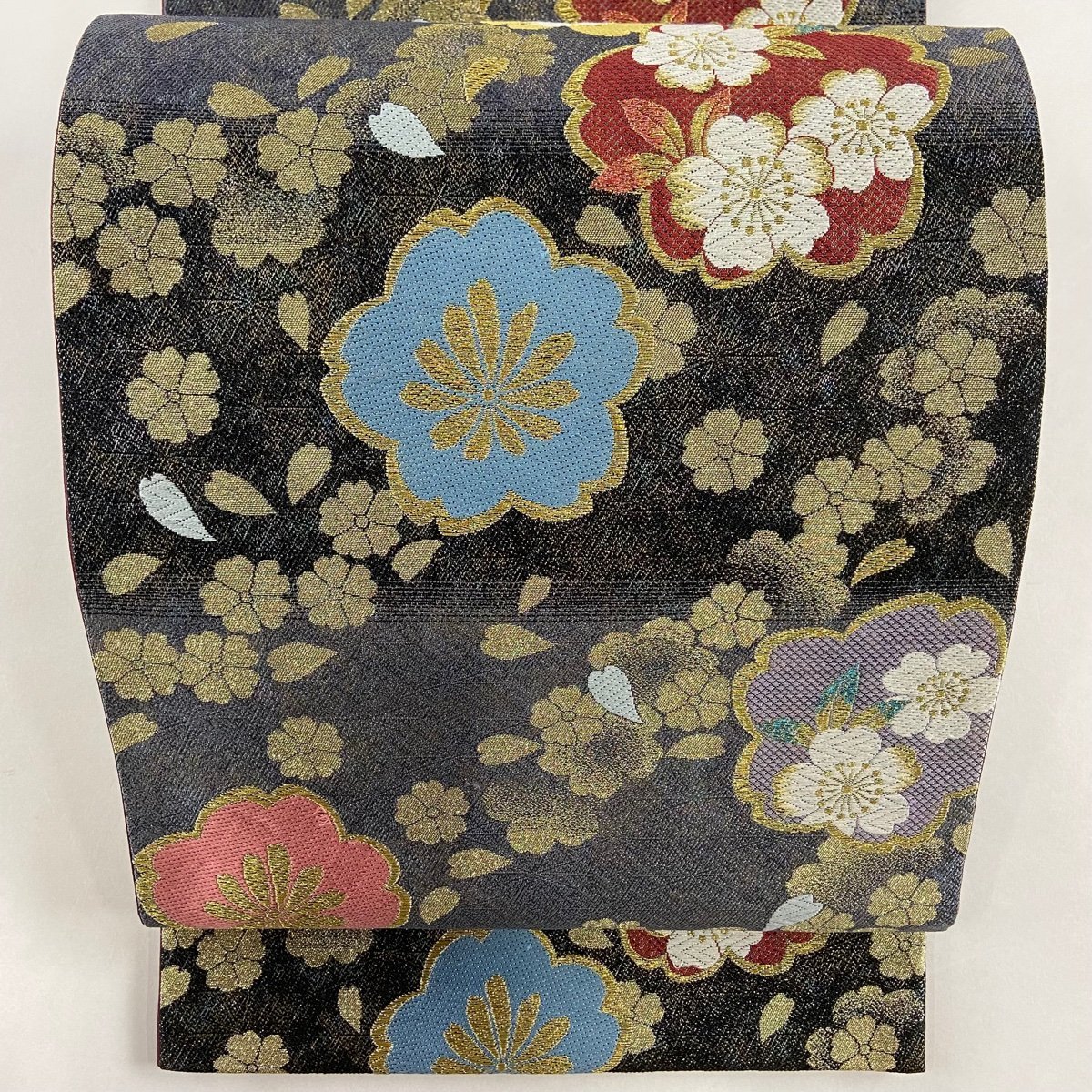 袋帯 美品 秀品 桜 花びら 金糸 箔 墨色 六通 正絹 【中古】