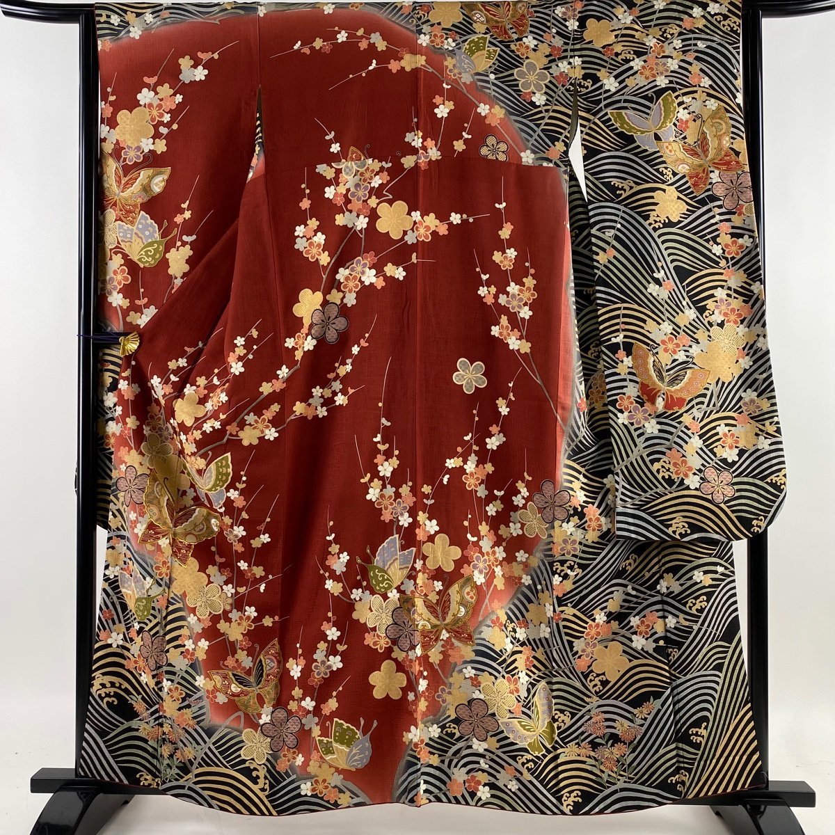 振袖 身丈159.5cm 裄丈63cm S 袷 蝶 枝梅 金糸 金彩 赤茶 正絹 名品 【中古】_バイセル 14087_1